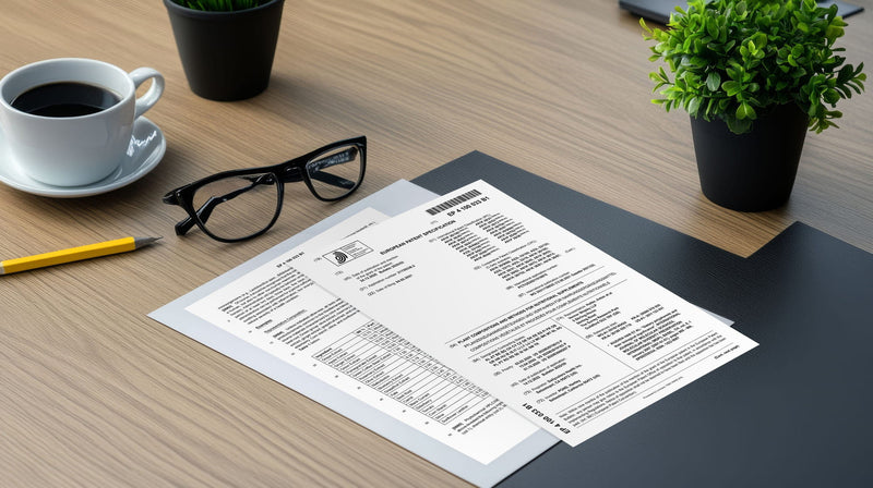 Table with glasses, a pencil, a cup of tea in a white mug, a green plant and two contract papers with information on them