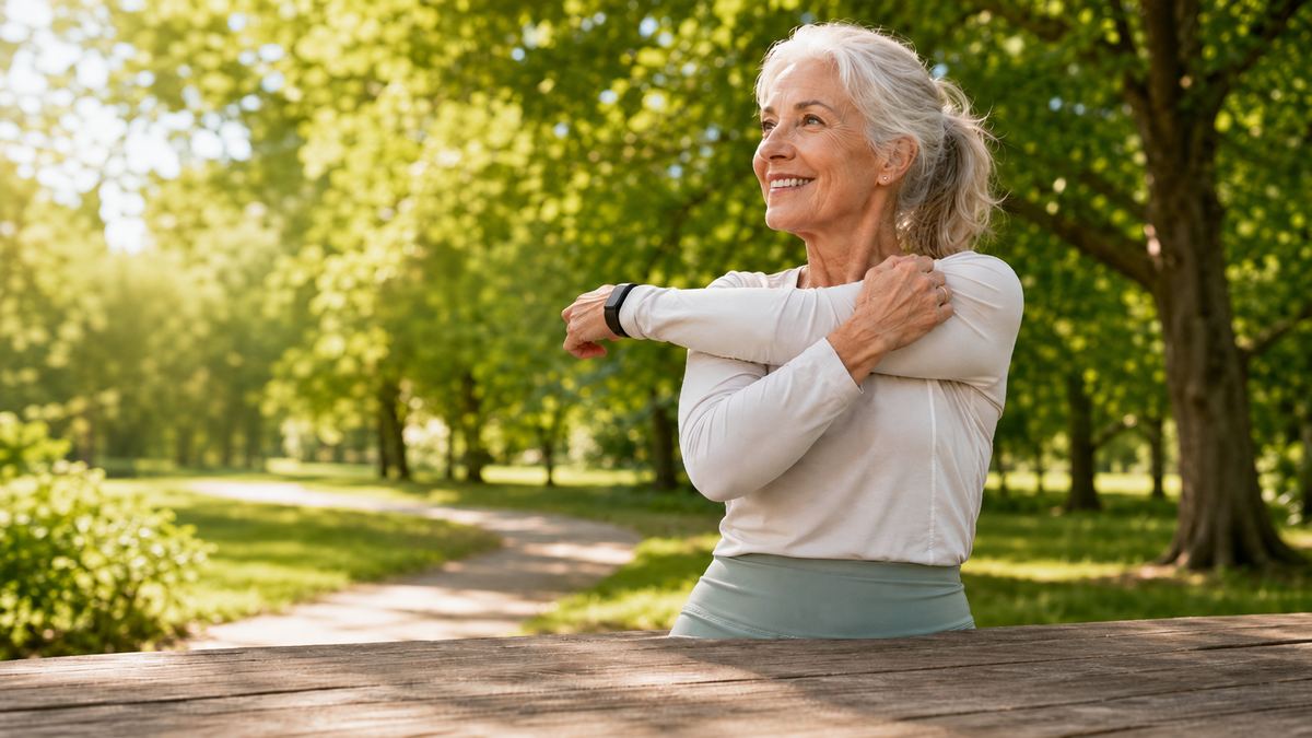 Woman walking outdoors in a park surrounded by greenery