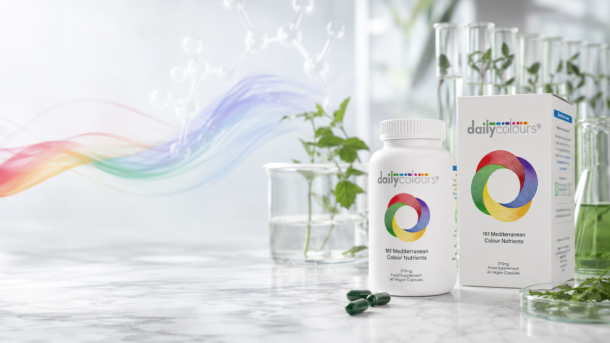 Bottle and packaging of Daily Colours supplements with a colourful swirl of colours in the background and green plants growing in water beakers